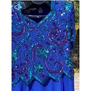 Beautiful Laurence Kazar Blue and Green Beaded Dress